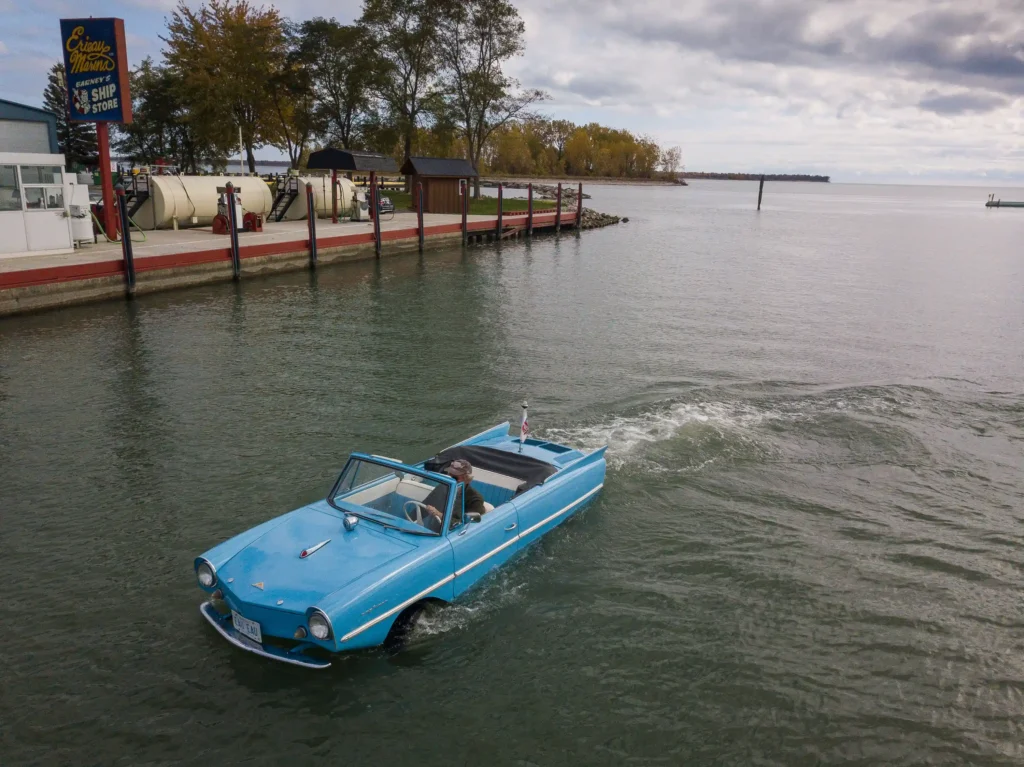 A unique 1962 Amphicar 770, a James Bond-style amphibious car capable of traveling on both roads and water, is for sale at £70,000, offering vintage appeal and adventure.