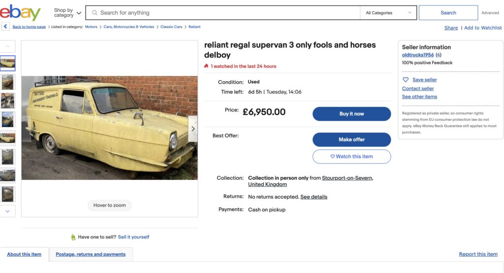 An Only Fools and Horses three-wheeler van, found abandoned in a barn, is up for sale for £6,950. This iconic replica needs restoration but retains all original parts.