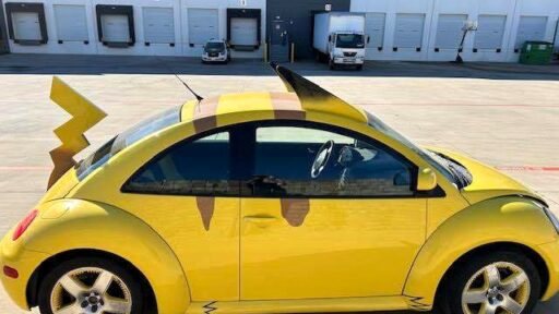 A Pokémon-themed Volkswagen Beetle, the ‘Pikabug,’ is for sale at £100,000. This unique car, with 17,000 miles, features Pikachu sounds and a Nintendo 64 console for gaming.