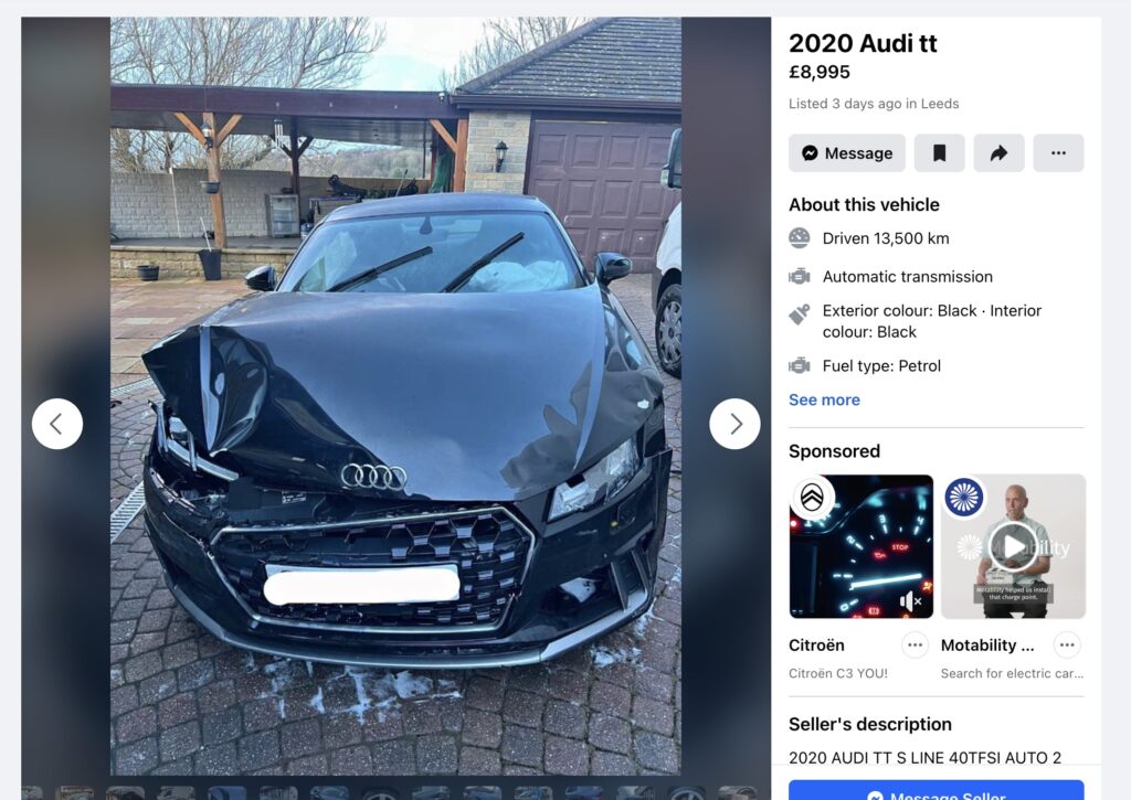 A 2020 Audi TT with 13,000 miles is for sale in Leeds for £8,995. Despite heavy front-end damage and needing repairs, it's a potential bargain compared to its £23,000 value.