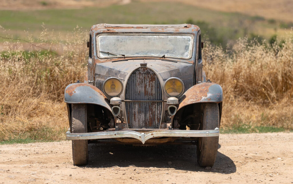 A 1936 Bugatti Type 57 Ventoux is for sale at £288,000. Covered in rust and with ripped seats, it’s a major restoration project but retains its original matching numbers engine.