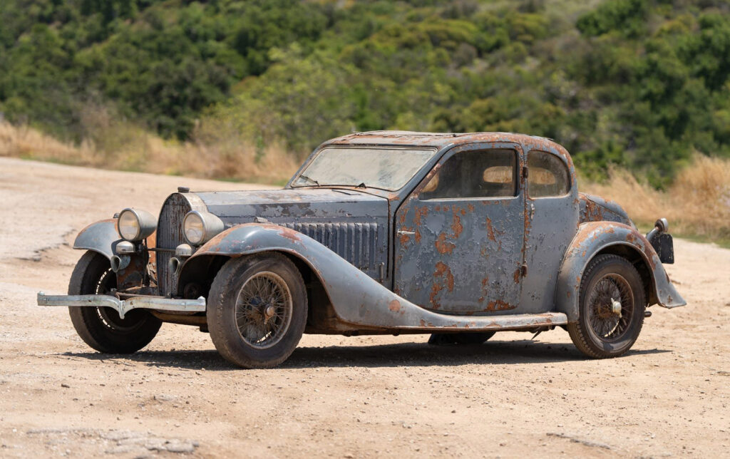 A 1936 Bugatti Type 57 Ventoux is for sale at £288,000. Covered in rust and with ripped seats, it’s a major restoration project but retains its original matching numbers engine.