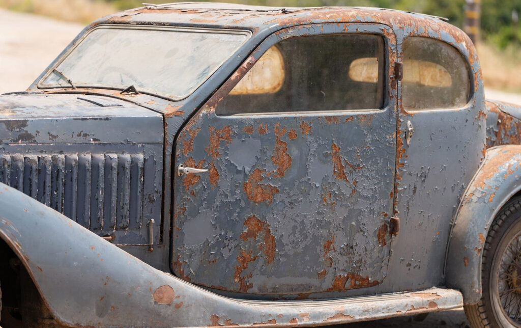 A 1936 Bugatti Type 57 Ventoux is for sale at £288,000. Covered in rust and with ripped seats, it’s a major restoration project but retains its original matching numbers engine.