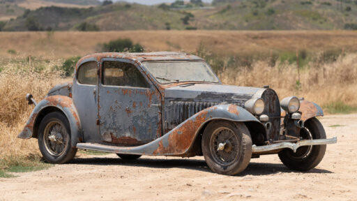 A 1936 Bugatti Type 57 Ventoux is for sale at £288,000. Covered in rust and with ripped seats, it’s a major restoration project but retains its original matching numbers engine.