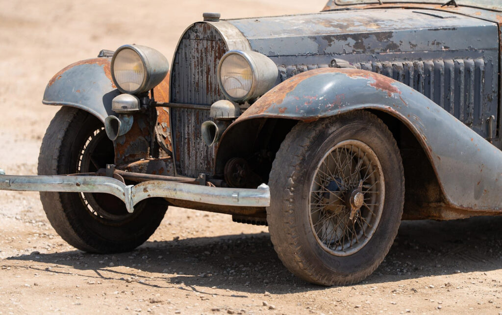 A 1936 Bugatti Type 57 Ventoux is for sale at £288,000. Covered in rust and with ripped seats, it’s a major restoration project but retains its original matching numbers engine.