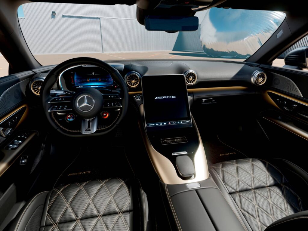 Mercedes-AMG introduces the limited-edition SL 63 MANUFAKTUR Golden Coast, featuring a 585 hp V8 engine, striking kalahari gold magno color, and luxurious black Nappa leather interior.