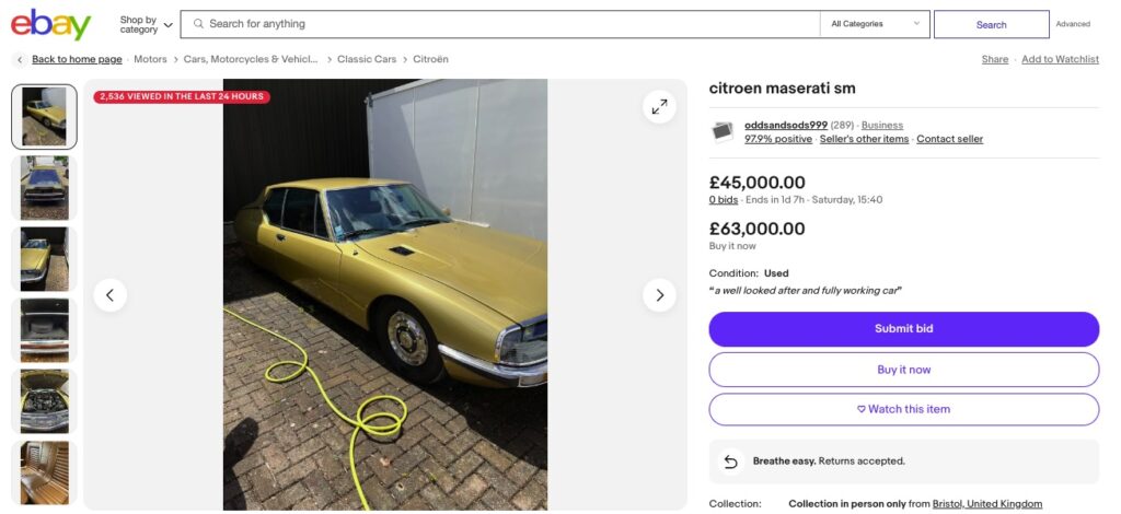 Billionaire Sir James Dyson is selling his classic Citroën Maserati SM on eBay for £45,000. The vintage car, with a Maserati engine, hasn't attracted any bids yet.