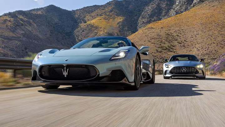 The 2023 Maserati MC20 Cielo and 2024 Mercedes-AMG GT63 battle for grand tourer supremacy, with Maserati's sleek design and AMG's superior performance and practicality.