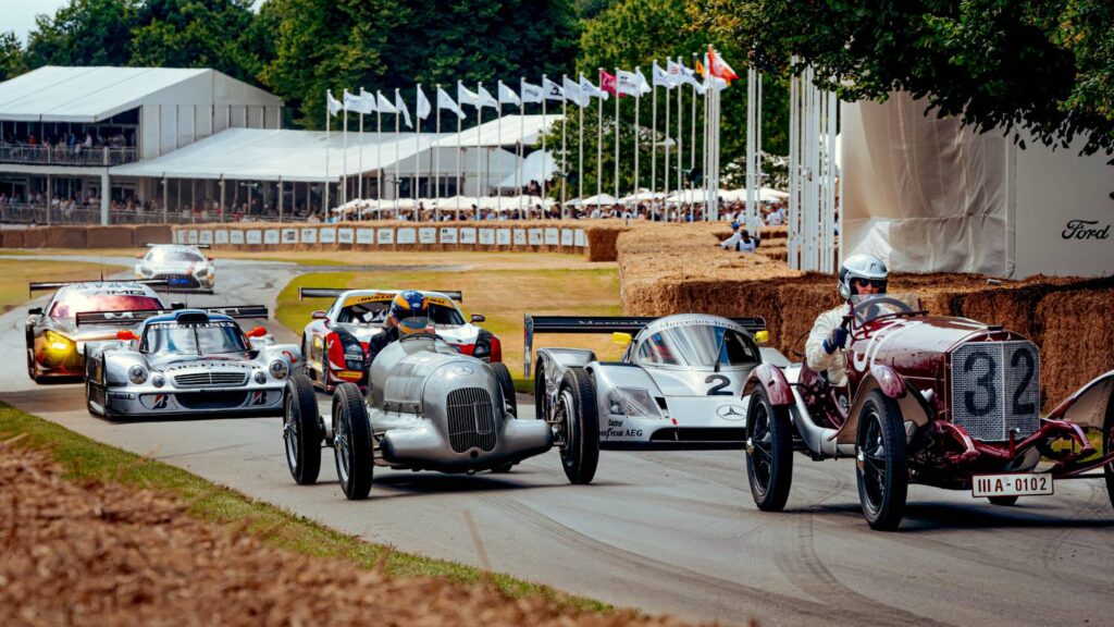 Mercedes-Benz celebrated 130 years of motorsport history at the Goodwood Festival of Speed 2024 with a spectacular parade, featuring iconic vehicles like the W 25, C 11, CLK LM, and the "Blue Wonder."