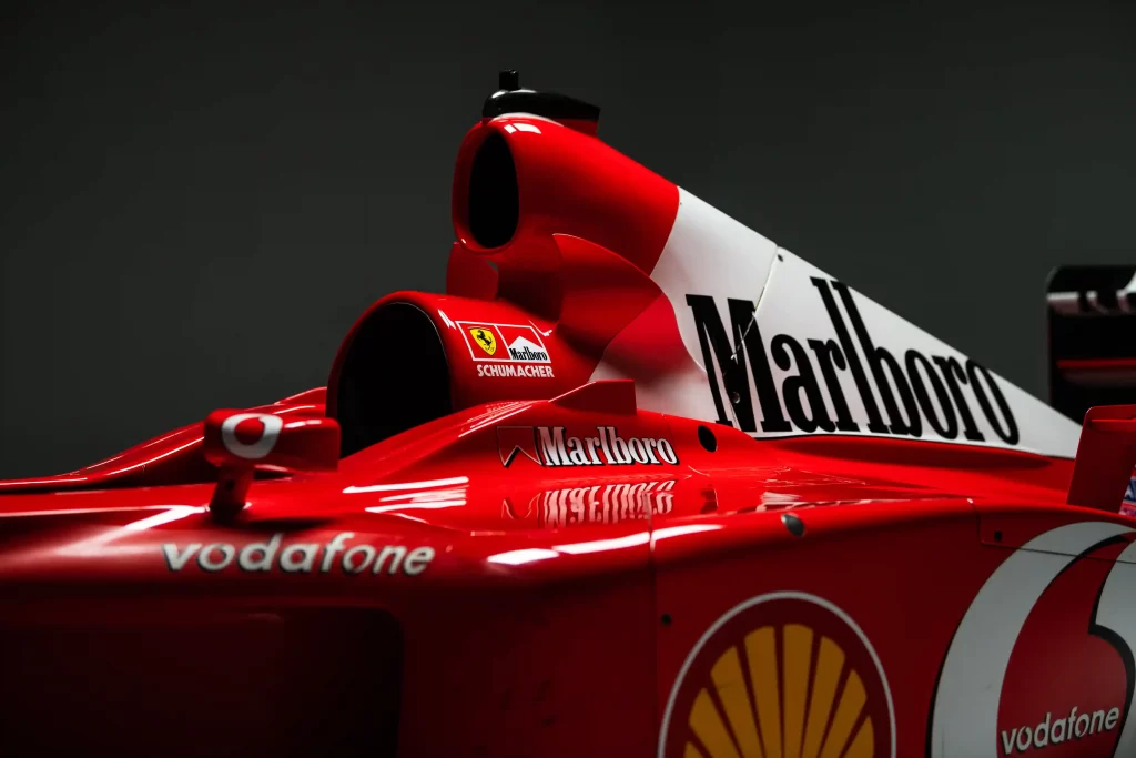 Michael Schumacher’s iconic 220mph Ferrari F2001b, driven to victory in the 2002 Australian Grand Prix, is up for auction, expected to fetch up to £7.7 million. Auction: Aug 15-17.