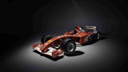 Michael Schumacher’s iconic 220mph Ferrari F2001b, driven to victory in the 2002 Australian Grand Prix, is up for auction, expected to fetch up to £7.7 million. Auction: Aug 15-17.