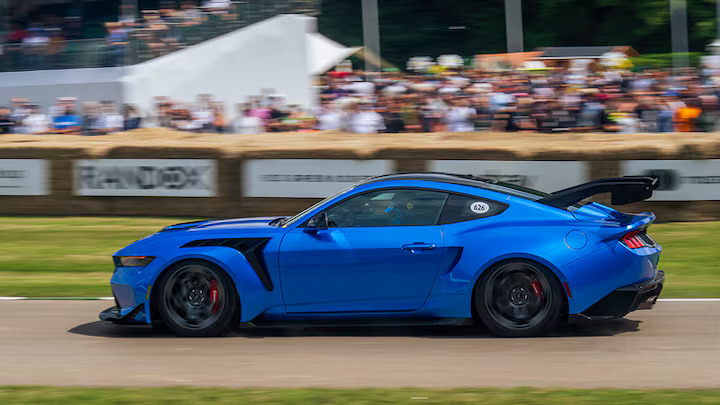 Ford Mustang GTD showcases its power at Goodwood Festival of Speed, roaring up the hill in patriotic defiance. With customizable colors and unmatched performance, freedom intensifies.