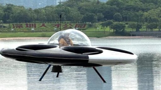 A groundbreaking "UFO taxi" that can take off and land on water has been launched, featuring 12 battery-powered motors and propellers. Capable of flying at 650 feet for 15 minutes.