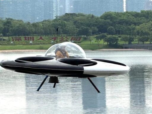 A groundbreaking "UFO taxi" that can take off and land on water has been launched, featuring 12 battery-powered motors and propellers. Capable of flying at 650 feet for 15 minutes.