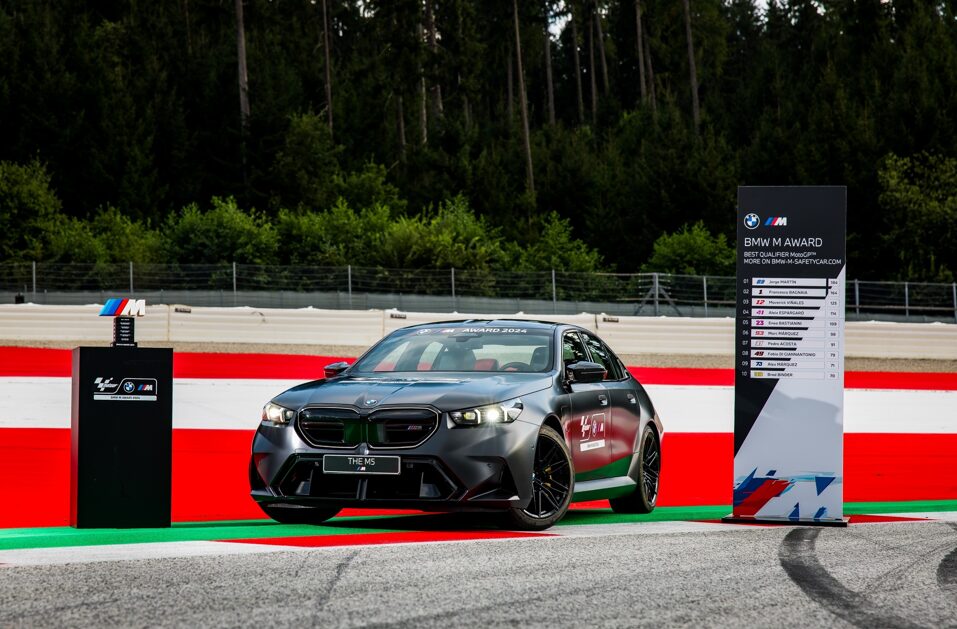 BMW unveils the all-new M5 as the 2024 MotoGP M Award prize, a 727 hp hybrid vehicle awarded to the season's fastest qualifier, continuing BMW's legacy of performance excellence.