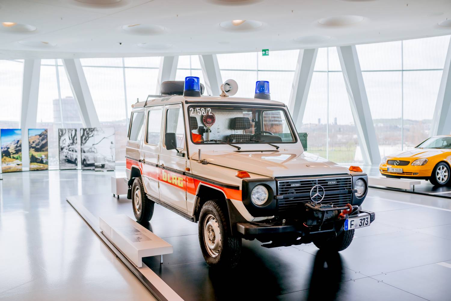 The Mercedes-Benz Museum highlights the DLRG’s iconic 1982 Mercedes-Benz 230 G, a beach and water rescue vehicle, showcasing its legacy of safety and service in challenging terrains.