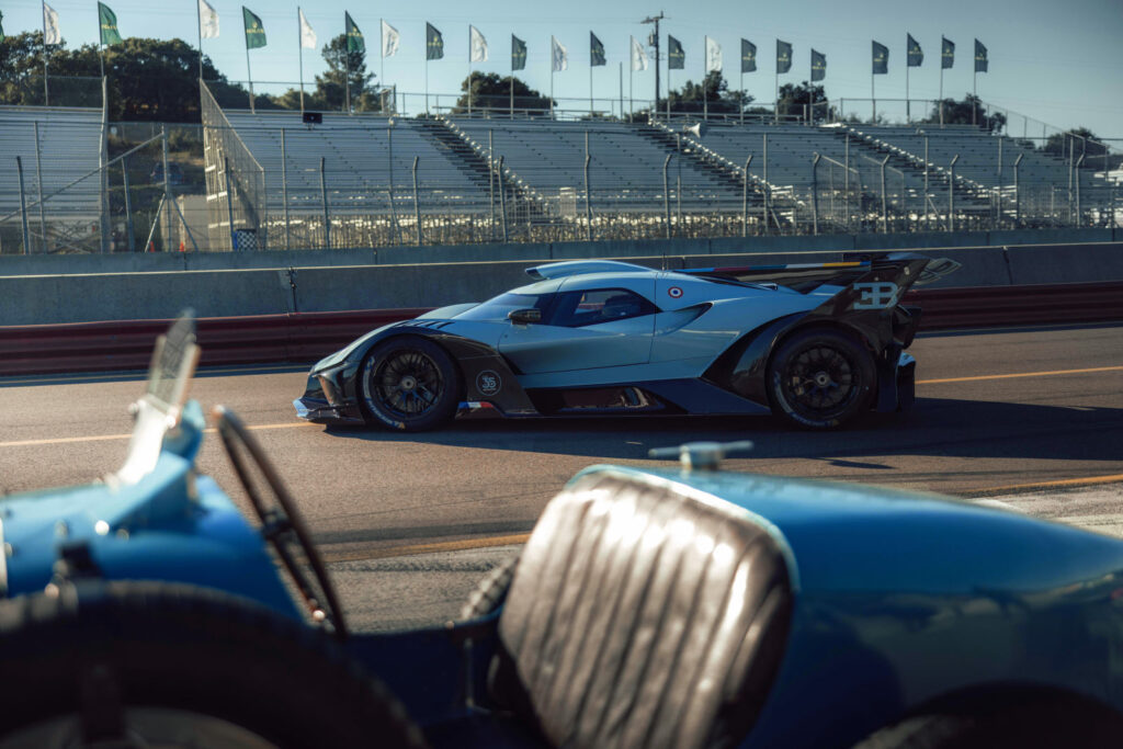 At Monterey Car Week, the iconic Bugatti Type 35 met the one-of-one Bolide 100-year anniversary edition on the track, celebrating a century of Bugatti's unmatched legacy in automotive excellence.