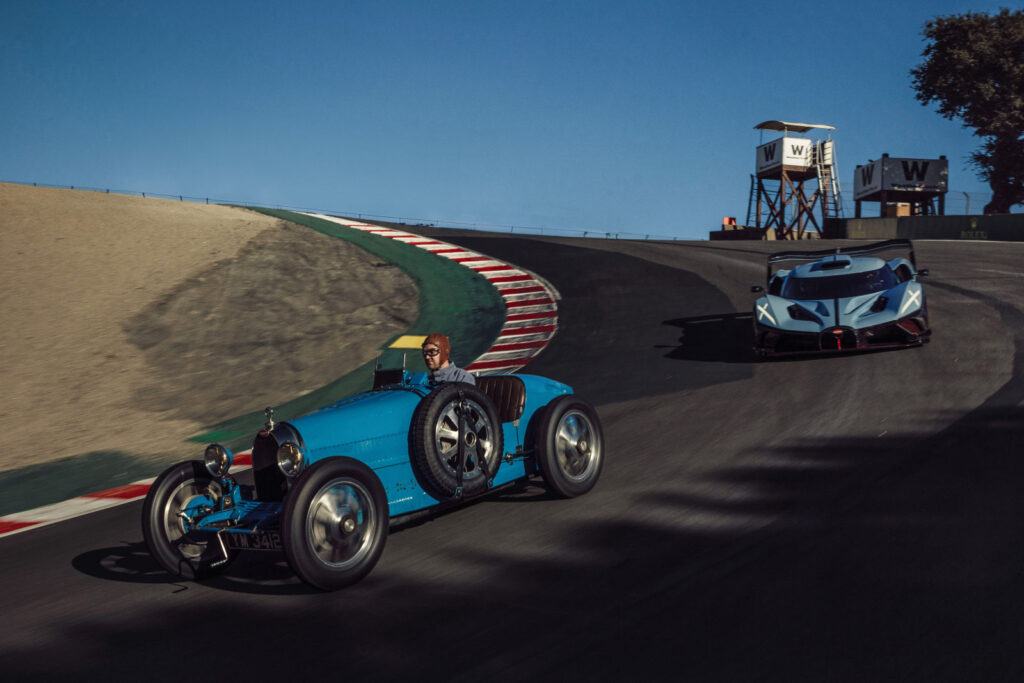 At Monterey Car Week, the iconic Bugatti Type 35 met the one-of-one Bolide 100-year anniversary edition on the track, celebrating a century of Bugatti's unmatched legacy in automotive excellence.