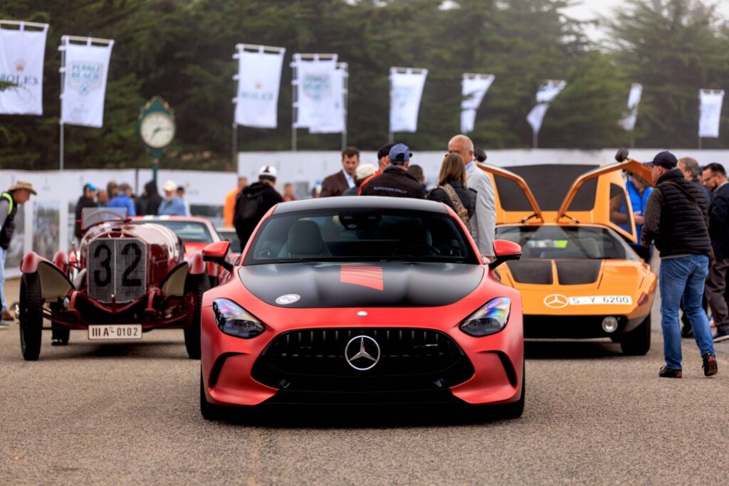 "Mercedes-Benz dazzles at Pebble Beach 2024 with the return of the C 111-II Wankel engine and a 100-year-old Targa Florio racing car, celebrating the brand's innovation legacy."