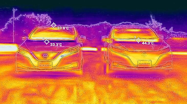 Nissan trials innovative cool paint technology to reduce vehicle cabin temperatures and air conditioning energy usage. The paint, developed with Radi-Cool, uses metamaterials for enhanced cooling.