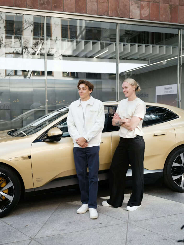 Polestar celebrates Swedish athletes Sarah Sjöström and Mondo Duplantis with custom gold Polestar 4s after their Paris victories, highlighting their love for driving and athletic success.