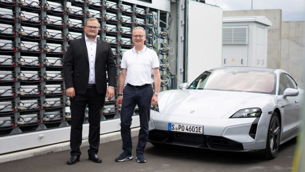 Porsche repurposes 4,400 used Taycan battery modules for a 5MW energy storage system at the Leipzig plant, enhancing sustainability and optimizing energy supply with the Second Life initiative.