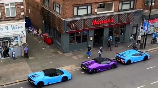 Three Lamborghini drivers mocked for parking illegally outside Nando’s in Hounslow. Social media users ridicule the luxury car owners as parking fines are issued on the scene.Three Lamborghini drivers mocked for parking illegally outside Nando’s in Hounslow. Social media users ridicule the luxury car owners as parking fines are issued on the scene.