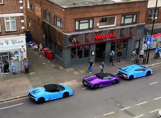 Three Lamborghini drivers mocked for parking illegally outside Nando’s in Hounslow. Social media users ridicule the luxury car owners as parking fines are issued on the scene.Three Lamborghini drivers mocked for parking illegally outside Nando’s in Hounslow. Social media users ridicule the luxury car owners as parking fines are issued on the scene.