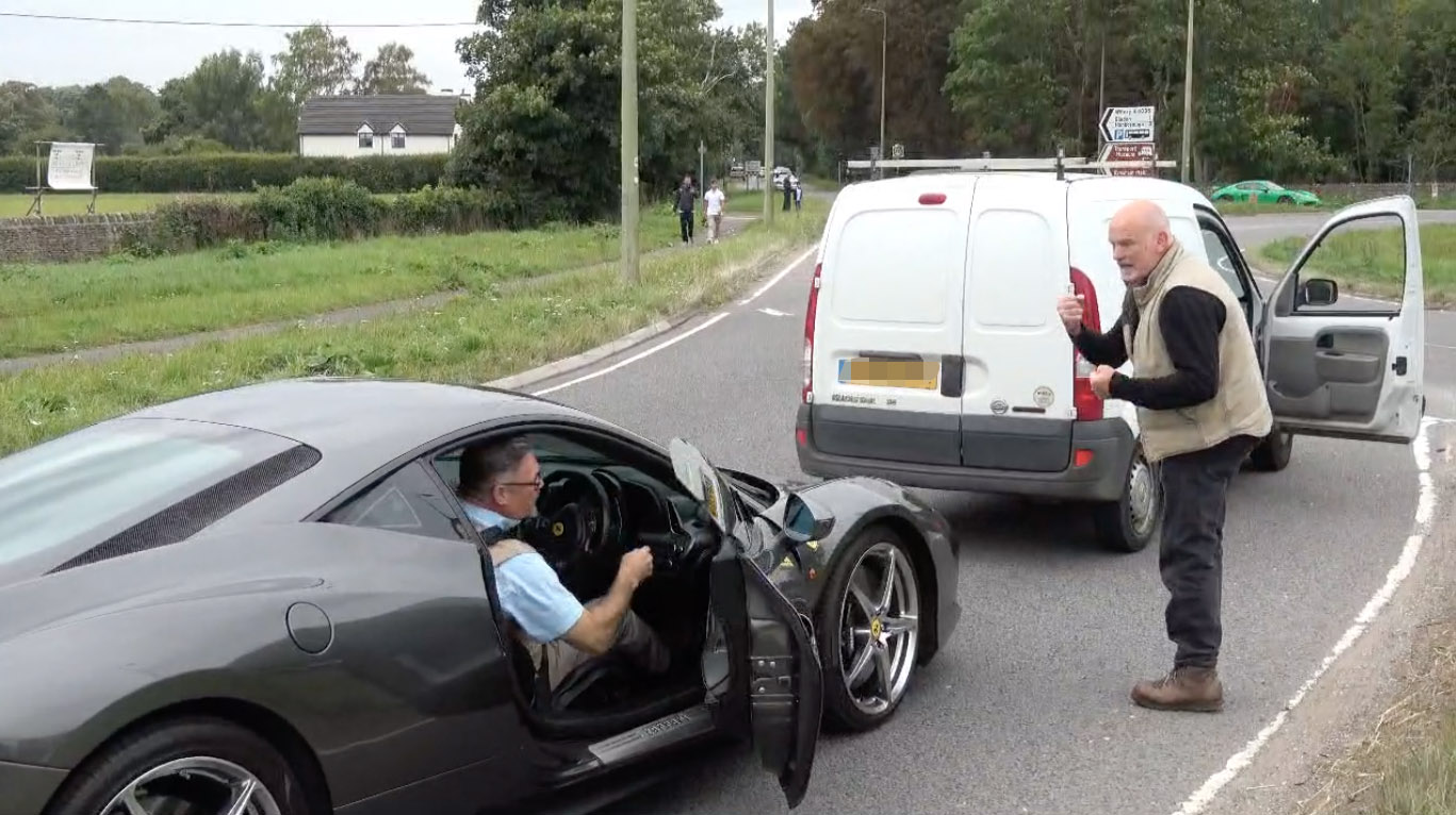 An angry van driver punched a £178,000 Ferrari in a road rage incident near Oxfordshire, damaging the wing mirror before speeding off in frustration at the supercar's noise.