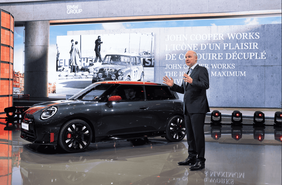 BMW unveils two all-electric MINI John Cooper Works models and BMW Neue Klasse concept vehicles at Mondial de l'Auto Paris 2024, highlighting its commitment to electric mobility.