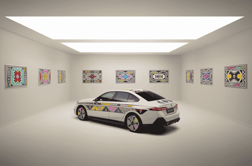 BMW i5 Flow NOSTOKANA, featuring color-changing E Ink technology and Esther Mahlangu's art, debuts at the 19th Contemporary Istanbul from October 24-27, 2024, following its Frieze LA premiere.