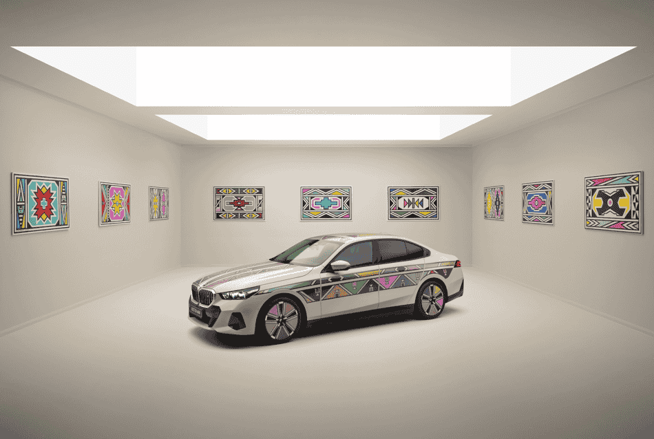 BMW i5 Flow NOSTOKANA, featuring color-changing E Ink technology and Esther Mahlangu's art, debuts at the 19th Contemporary Istanbul from October 24-27, 2024, following its Frieze LA premiere.