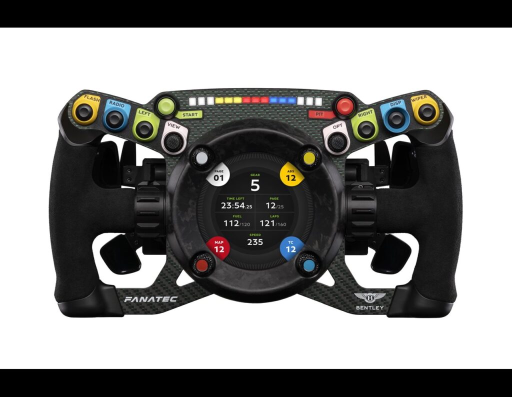 Fanatec unveils the Bentley GT3 steering wheel for sim racing, inspired by Bentley’s Pikes Peak GT3 car, featuring a self-levelling touchscreen, luxury design, and precision controls.