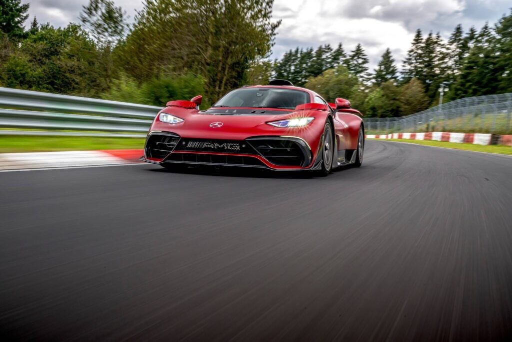 The Mercedes-AMG ONE sets a new Nürburgring-Nordschleife lap record with a time of 6:29.090 minutes, becoming the fastest road-legal car thanks to its Formula 1™ hybrid technology.