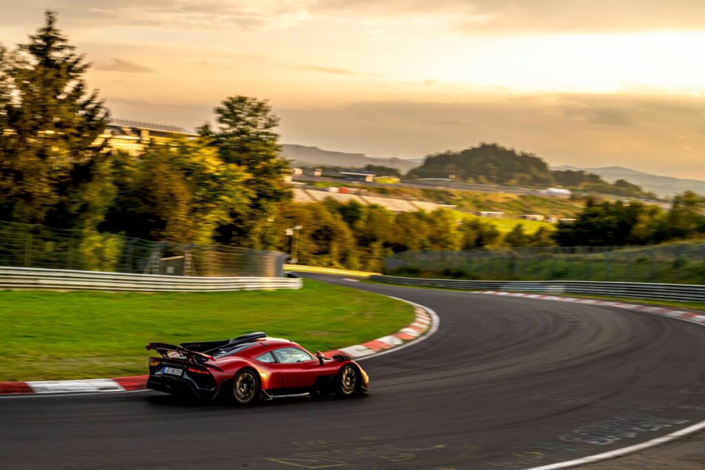 The Mercedes-AMG ONE sets a new Nürburgring-Nordschleife lap record with a time of 6:29.090 minutes, becoming the fastest road-legal car thanks to its Formula 1™ hybrid technology.