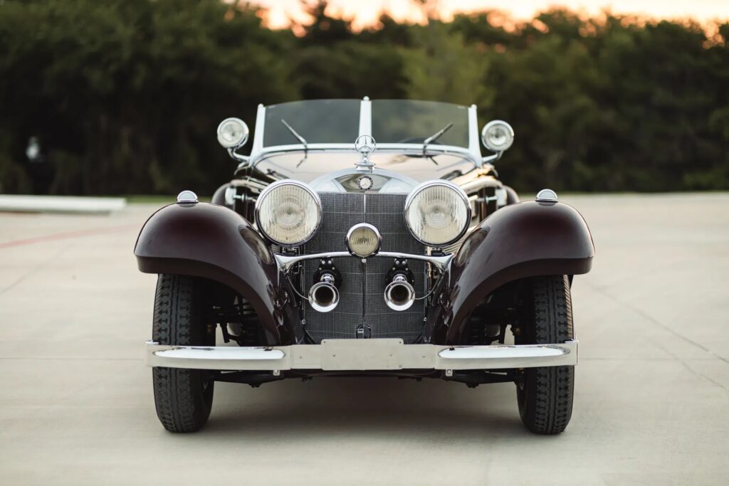 Restored 1934 Mercedes-Benz 500 K, rebuilt after surviving WWII, set to sell for £777,000. With only 43,000 miles, this rare classic boasts a 5.1-litre engine and rich history.