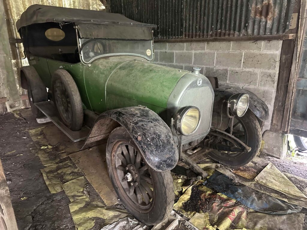 A 1921 green Talbot-Darracq 16hp vintage tourer, stored in a Suffolk barn for 40 years, is for sale at Reeman Dansie auctioneers with a guide price of £6,000 to £8,000.