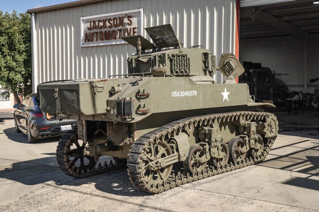 A 1943 Stuart M5A1 Light Tank, complete with a de-milled 37mm gun, dual Cadillac V8 engines, and space for four crew members, is up for auction in California with bids at $280,000.