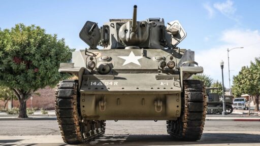 A 1943 Stuart M5A1 Light Tank, complete with a de-milled 37mm gun, dual Cadillac V8 engines, and space for four crew members, is up for auction in California with bids at $280,000.