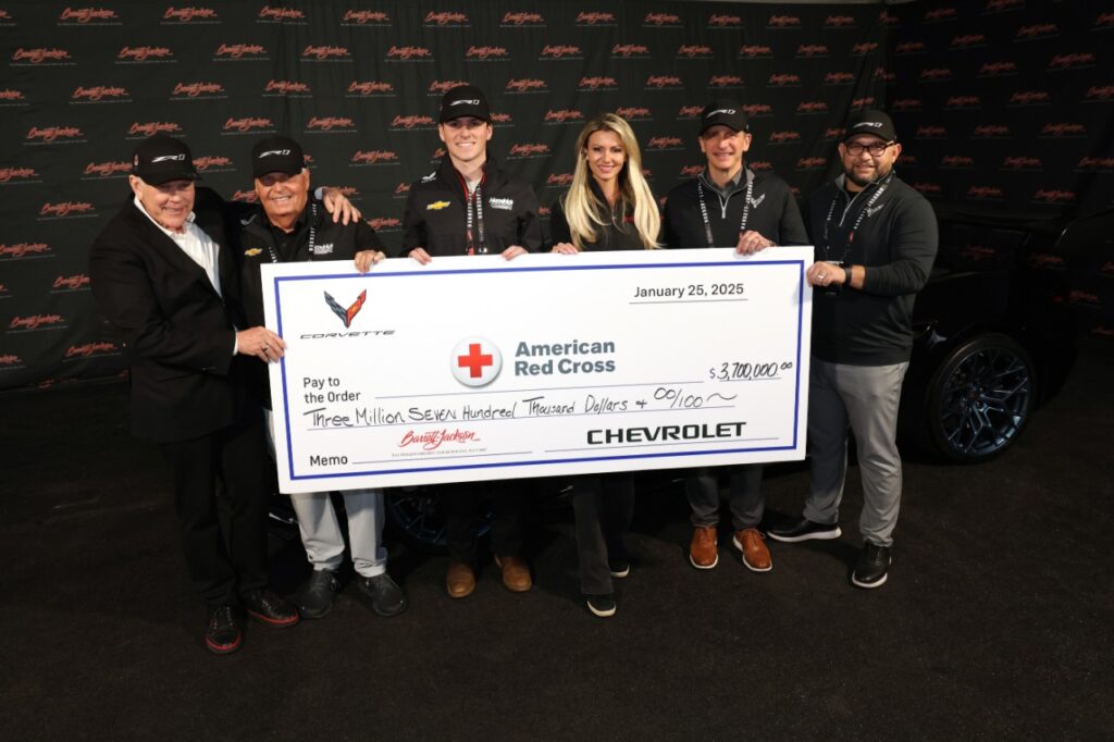 The first 2025 Corvette ZR1 VIN 001 sold for $3.7 million at Barrett-Jackson, benefiting the Red Cross to support disaster relief and aid for hurricane and wildfire victims.