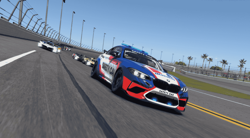 BMW M Motorsport joins iRacing as Official Safety Car Partner for 2025, featuring the BMW M2 CS Racing leading formation laps at iconic events like Daytona 24 and Nürburgring 24.