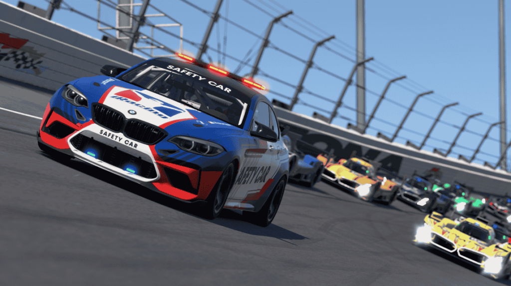 BMW M Motorsport joins iRacing as Official Safety Car Partner for 2025, featuring the BMW M2 CS Racing leading formation laps at iconic events like Daytona 24 and Nürburgring 24.