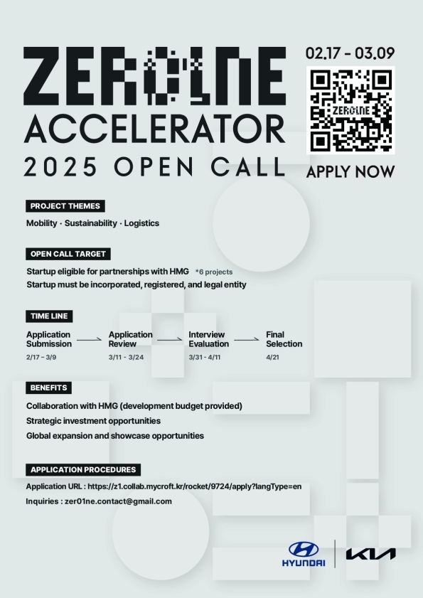 Hyundai Motor Group invites startups to join the 2025 ZER01NE Accelerator, fostering innovation in Mobility, Sustainability, and Logistics. Applications open until March 9.