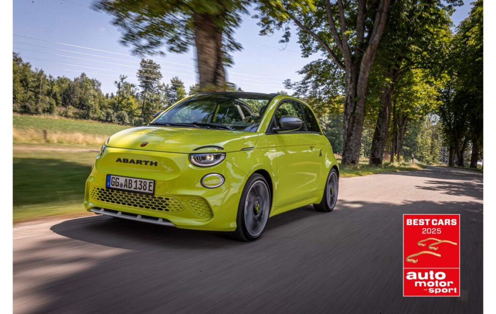 The Abarth 500e wins Best Mini Car in Germany, earning 23.6% of votes in Auto Motor und Sport’s Best Cars awards, marking a milestone for Abarth’s first all-electric model.