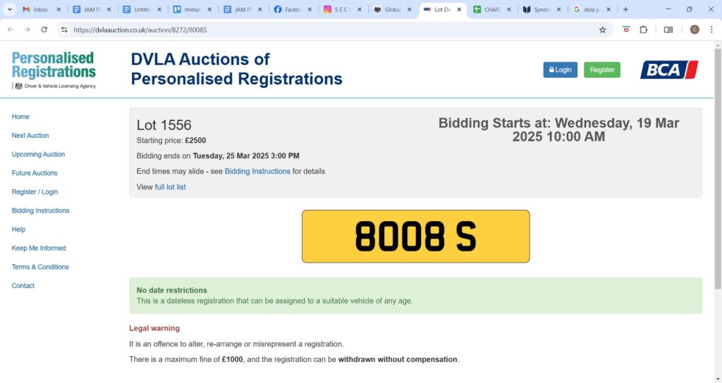 A cheeky DVLA-approved number plate, ‘8008 S’, is up for auction starting at £2,500. Bidding opens on 19 March, giving drivers a chance to own this playful reg.