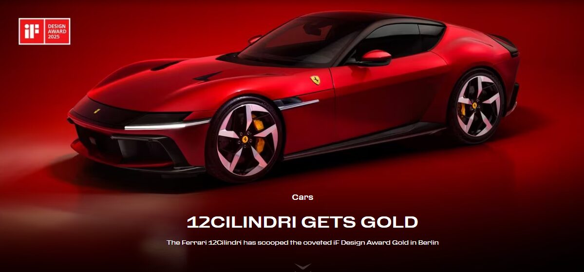 Ferrari 12Cilindri and Spider models win the iF Design Gold Award in Berlin, praised for their blend of heritage, innovation, and aerodynamic excellence in automotive design.