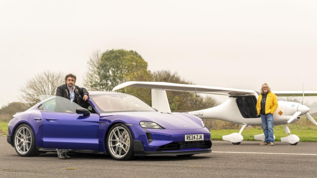 Richard Hammond races the Porsche Taycan Turbo GT against James May in the electric Pipistrel Velis Electro, reviving the car-versus-plane challenge in thrilling new form.