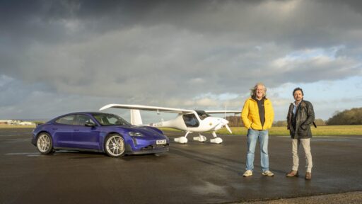 Richard Hammond races the Porsche Taycan Turbo GT against James May in the electric Pipistrel Velis Electro, reviving the car-versus-plane challenge in thrilling new form.