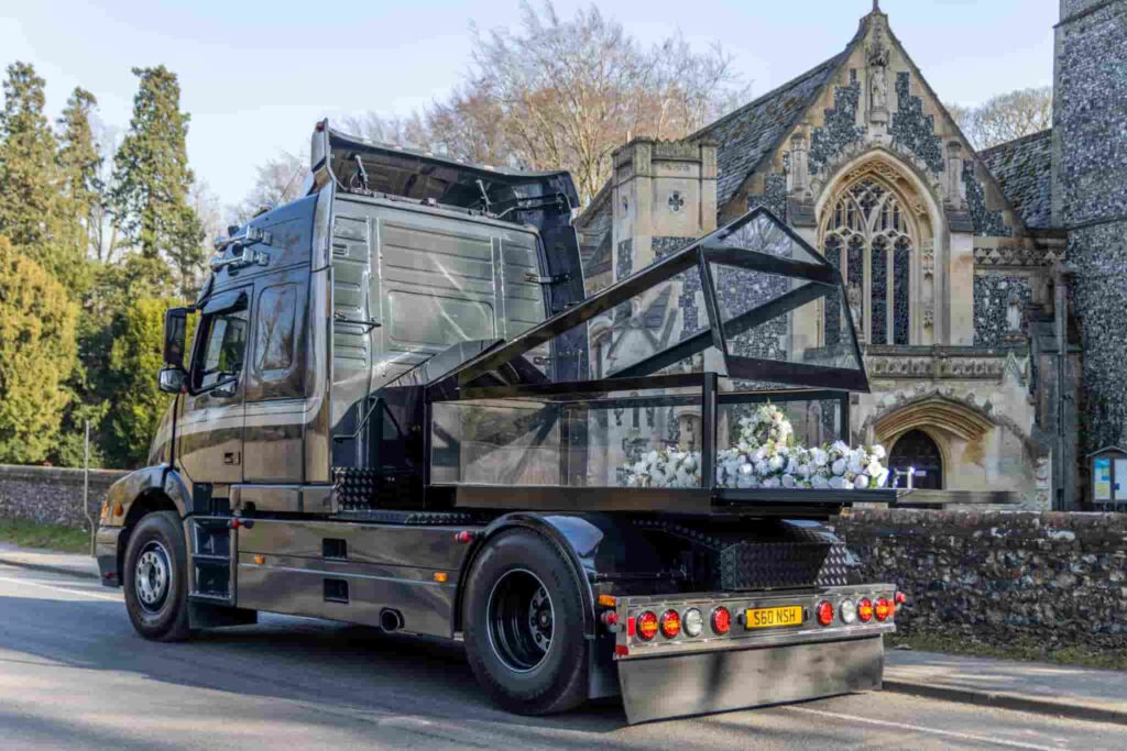 Trucker Niall Hutchingson turns his Volvo NH12 into a hearse for £1,000 funeral rides, offering lorry lovers one final journey with his unique service, End of the Line.
